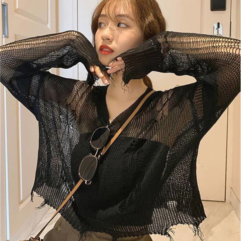 Áo Croptop Tay Dài Thiết Kế Rách Phong Cách Gothic