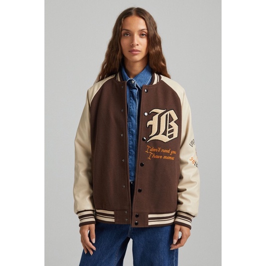 Áo khoác bóng chày varsity jacket trần bông tay da Bad Idea