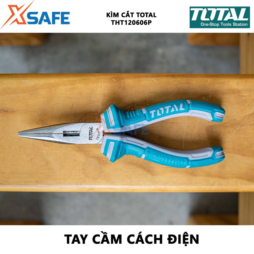 Kìm cắt mỏ nhọn dài TOTAL THT120606P Kềm mỏ dài thép Cr-V, 6 inch/160mm, tay cầm cao su cắt dây điện, tuốt dây