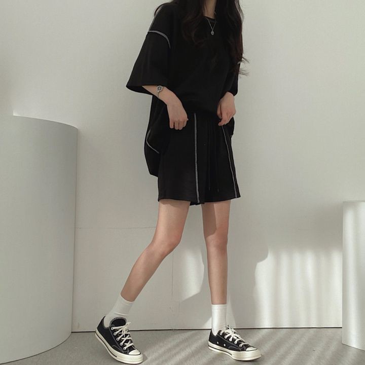 Bộ quần áo thể thao 100% cotton màu trơn dáng rộng phong cách hè 2021 cho nữ (có bán lẻ)