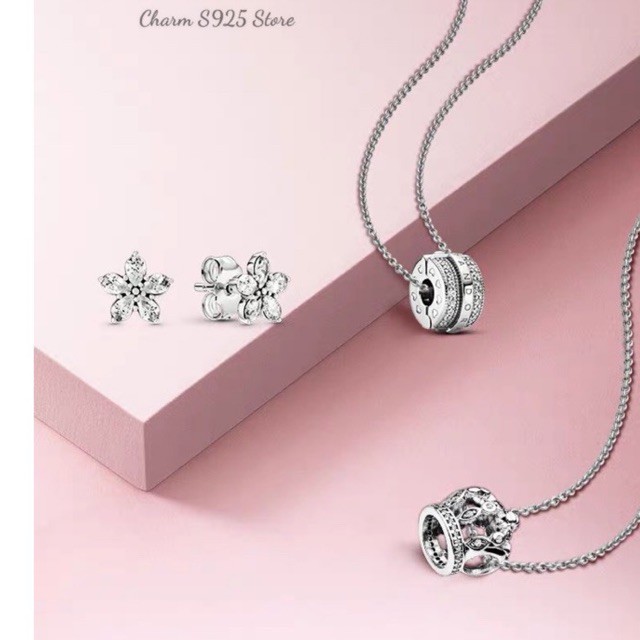 Bộ vòng cổ charm pan đính đá trắng bạc s925