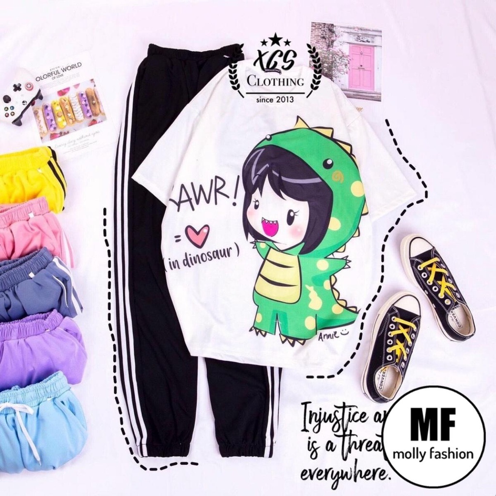 Set đồ bộ quần dài Jogger 2 Sọc RAWR ❤️ Bộ hoạt hình form rộng Freesize Unisex nam nữ Molly Fashion
