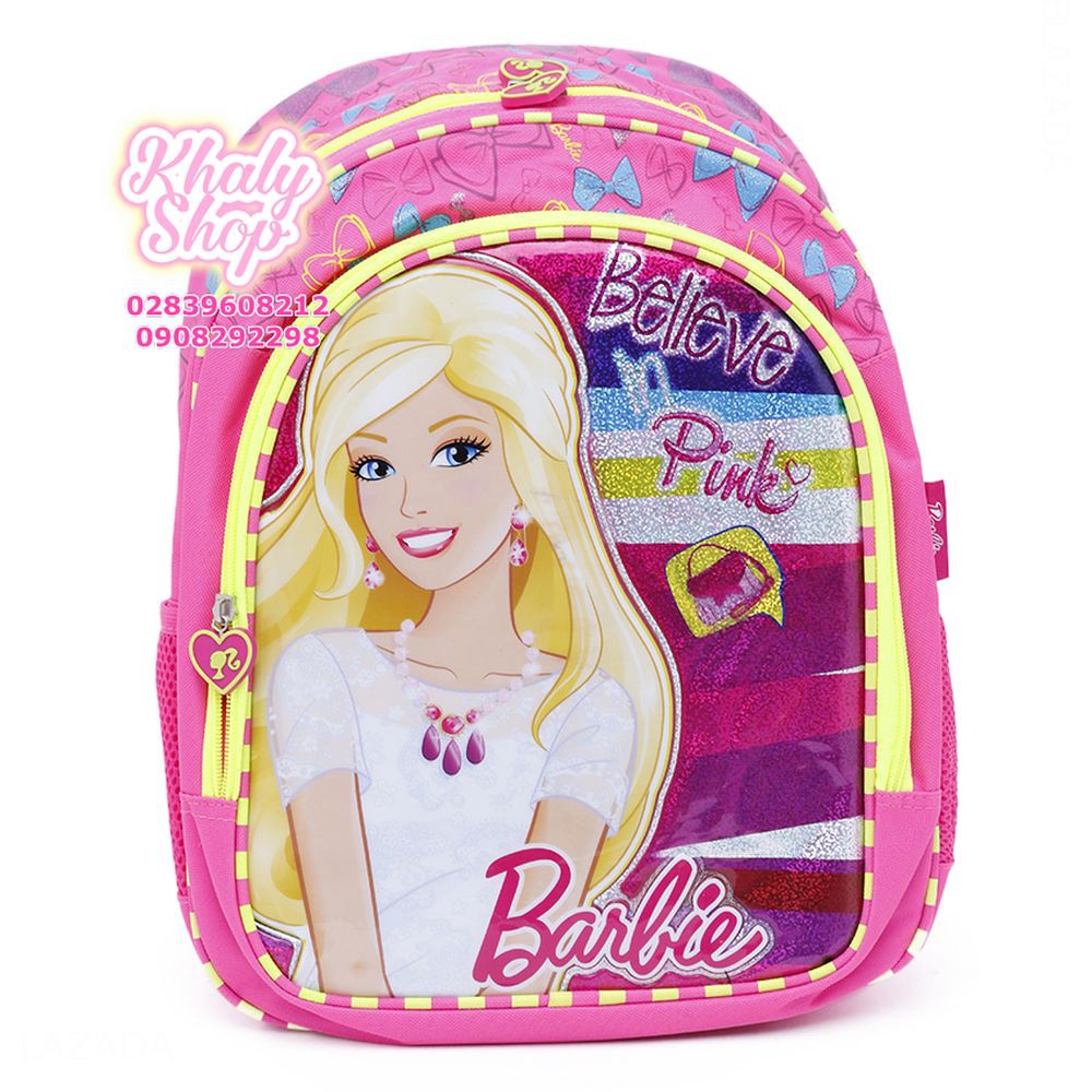 Balo trẻ em 15'' hình Barbie sọc hồng viền vàng dành cho học sinh ,bé gái - BLBA15HVV (30x14x40cm)