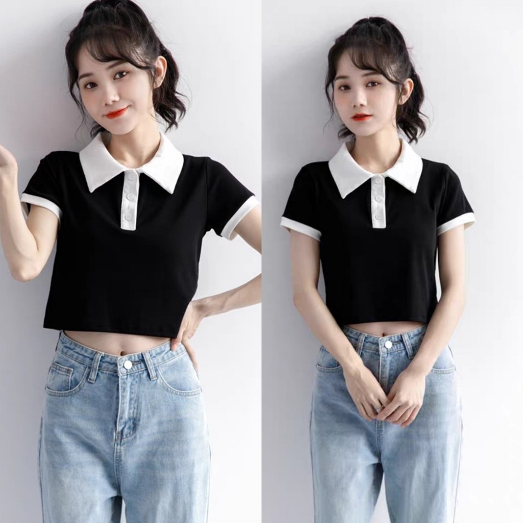 Áo Croptop Tay Ngắn Phối Màu Trắng Đen Áo Kểu Dễ Phối Với Các Loại Quần Ống Suông Quần Baggy Kiểu Dáng Cá Tính Dễ Thương