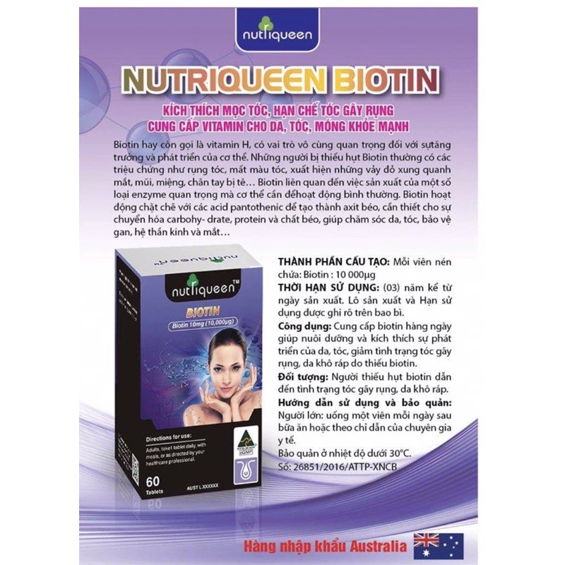 Viên uống mọc tóc NUTRIQUEEN BIOTIN  (Nhập Khẩu Úc ) -  KÍCH THÍCH TÓC MỌC NHANH HẠN CHẾ GÃY RỤNG - Hộp 60 viên