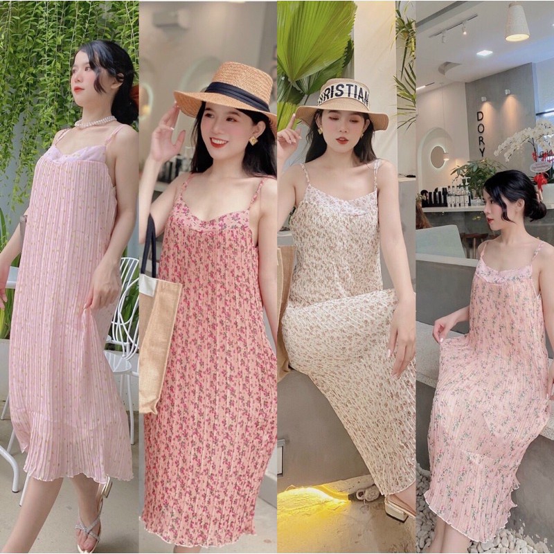 Đầm suông hai dây dập ly voan hoa nhí siêu xinh hình thật mẫu mặc và video