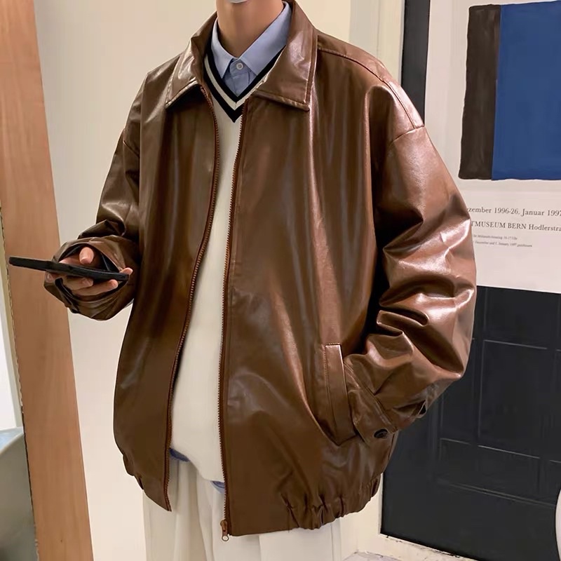 Áo Khoác Leather Jacket Da PU Form Rộng Oversize Màu Đen Nâu Tay Dài Nam Nữ