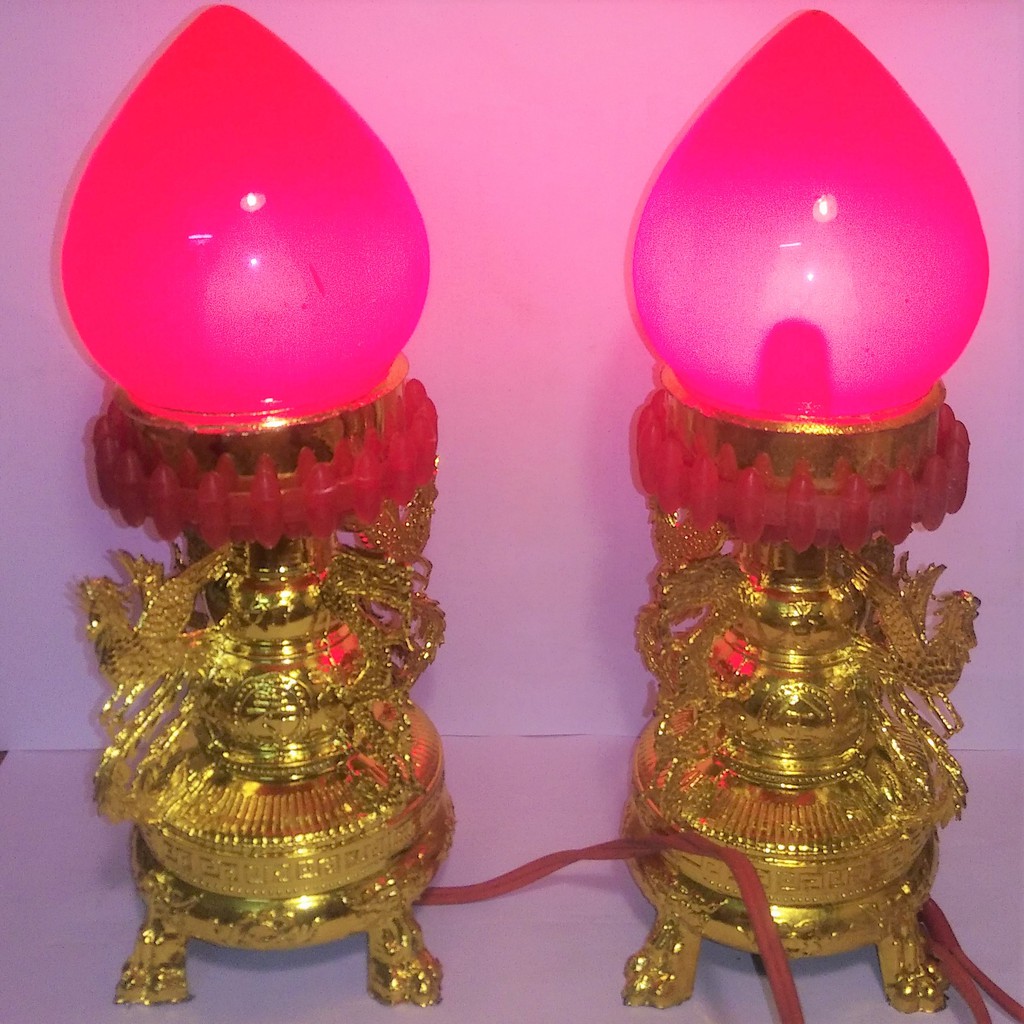 Đèn thờ quả đào để bàn thờ, phú quý, tài lộc, hoa vân rồng phượng cao 22cm