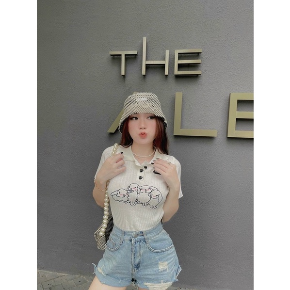 Áo THỎ GB cổ sơ mi nút thun gân tay ngắn cho Nữ - alohashop91