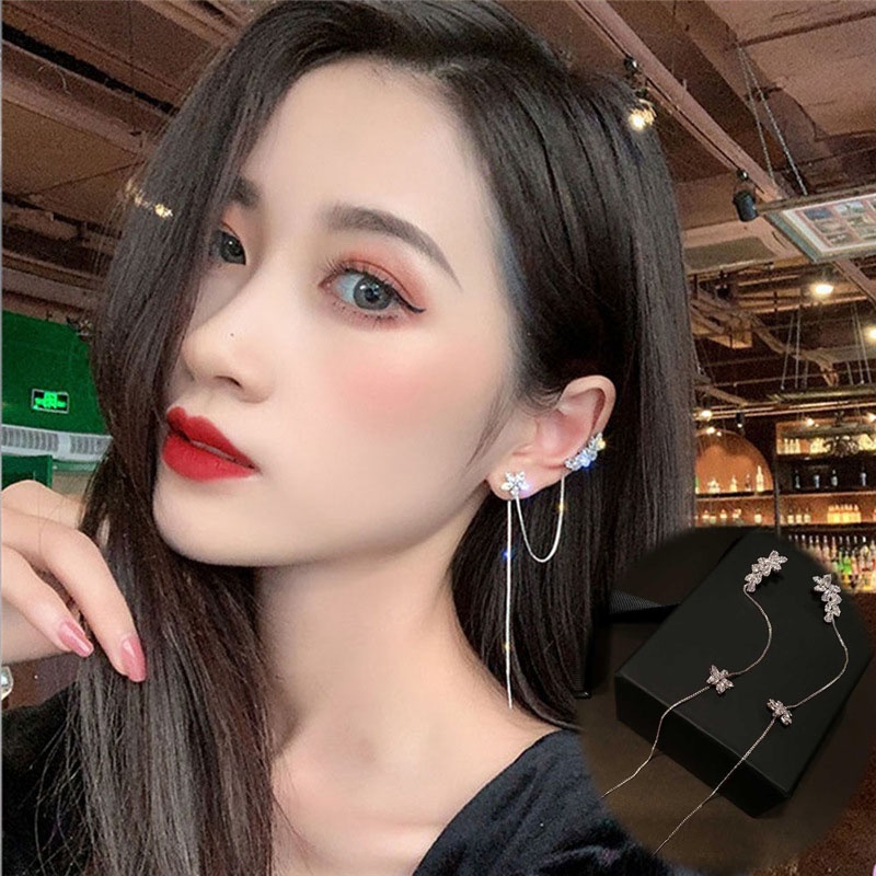 Bông Tai Dài Tua Rua Hình Hoa Đính Kim Cương Giả Thời Trang Cho Nữ