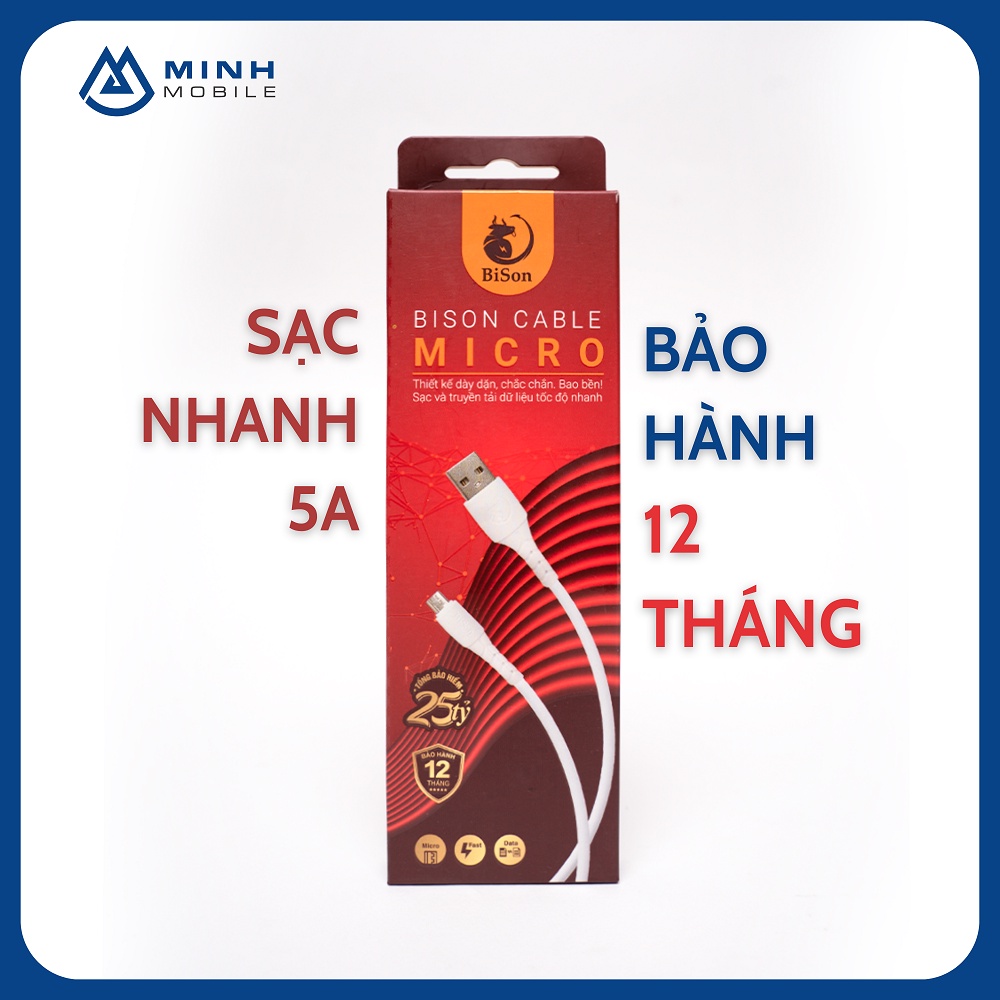 Cáp sạc BISON CON TRÂU siêu bền, bảo hành 12 tháng, sạc nhanh, bảo hiểm cháy nổ 25 tỷ