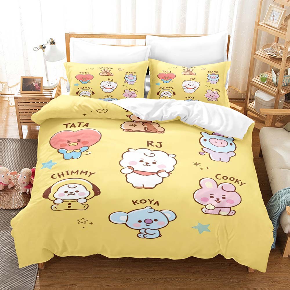 Bộ Ga Trải Giường + Vỏ Gối + Vỏ Chăn 2 Trong 1 In Họa Tiết BT21 BTS Có Thể Giặt Sạch Tiện Dụng