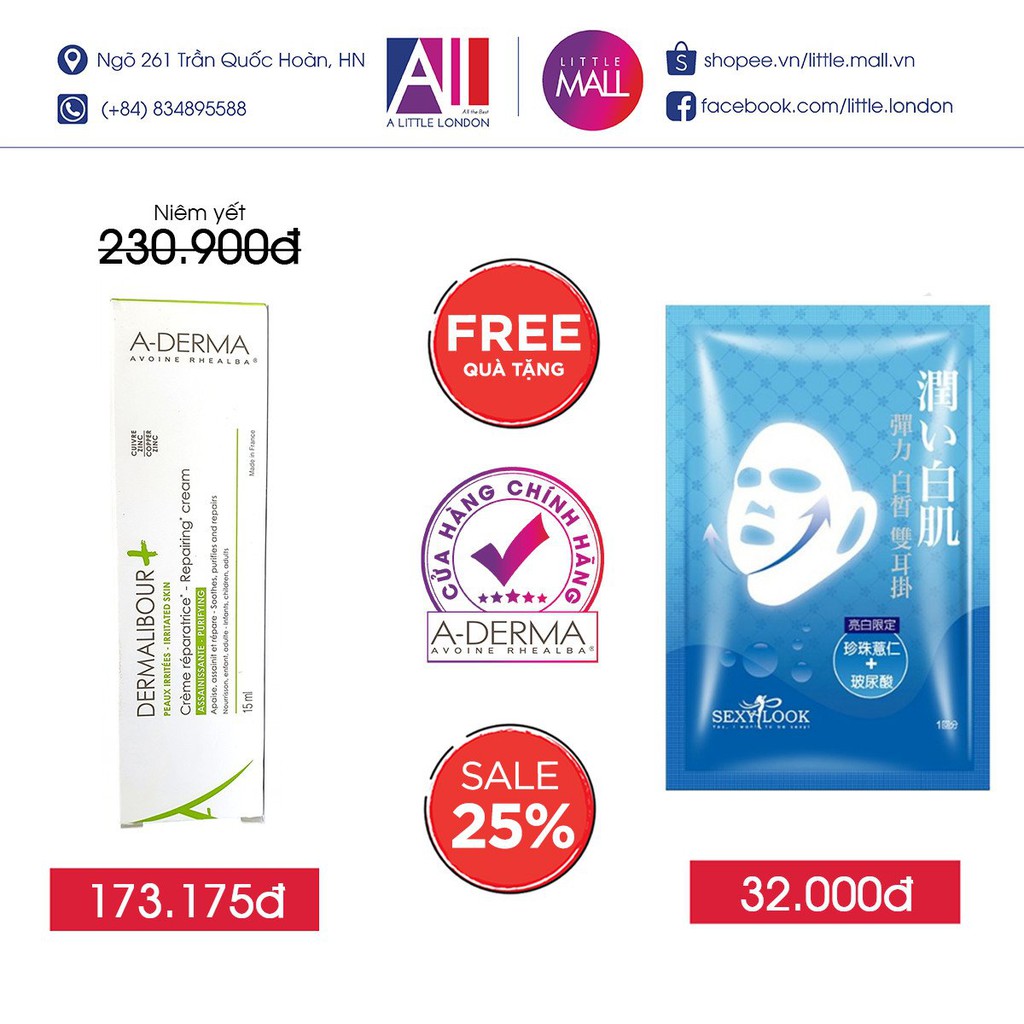 Kem làm dịu, phục hồi da kích ứng A-Derma Dermalibour+ Repairing Cream TẶNG mặt nạ Sexylook