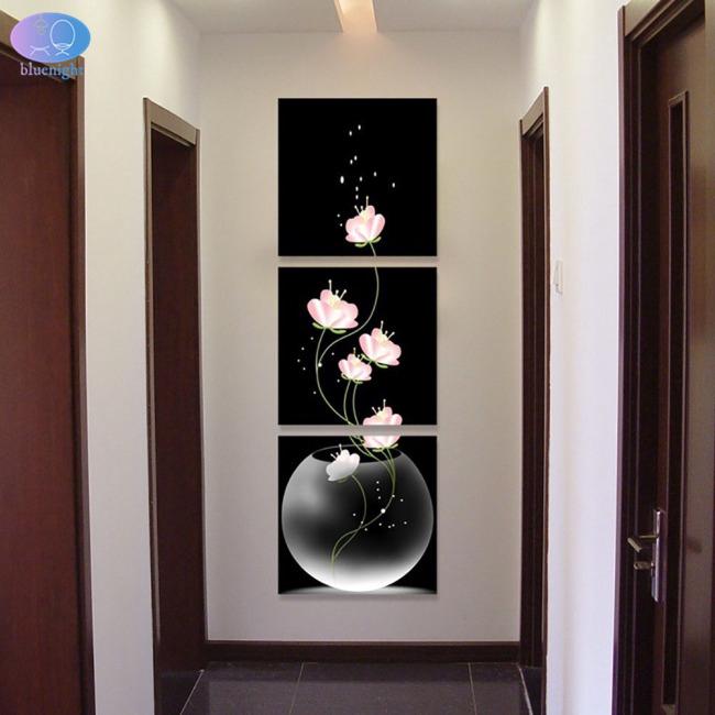 Bộ 3 tranh treo tường hình vuông nhiều kích thước họa tiết chậu hoa độc đáo dùng trang trí nội thất