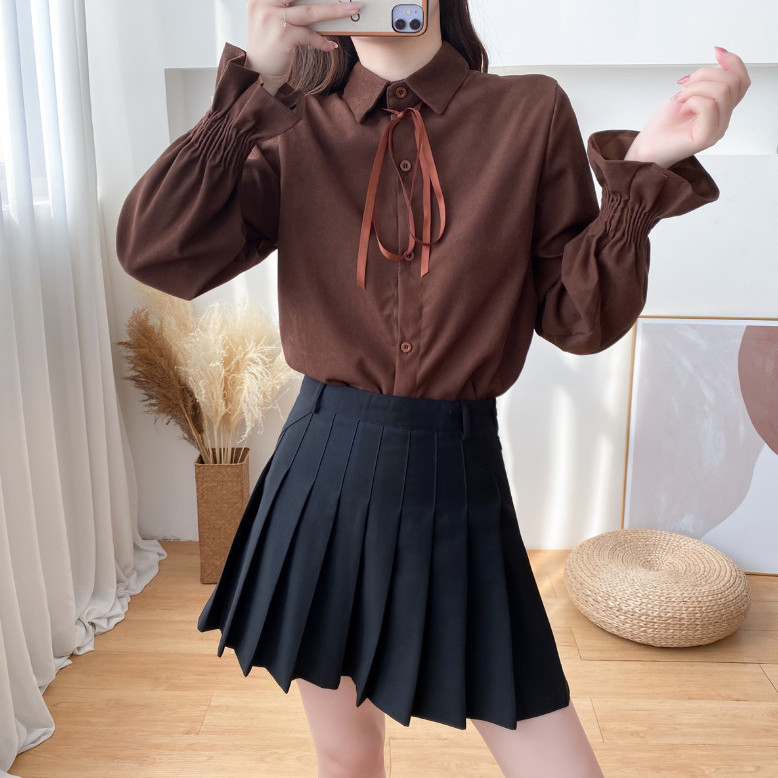 Áo Sơ Mi Tay Dài Cổ Thắt Nơ Xinh Xắn Phong Cách Hàn Quốc Cho Bạn Gái