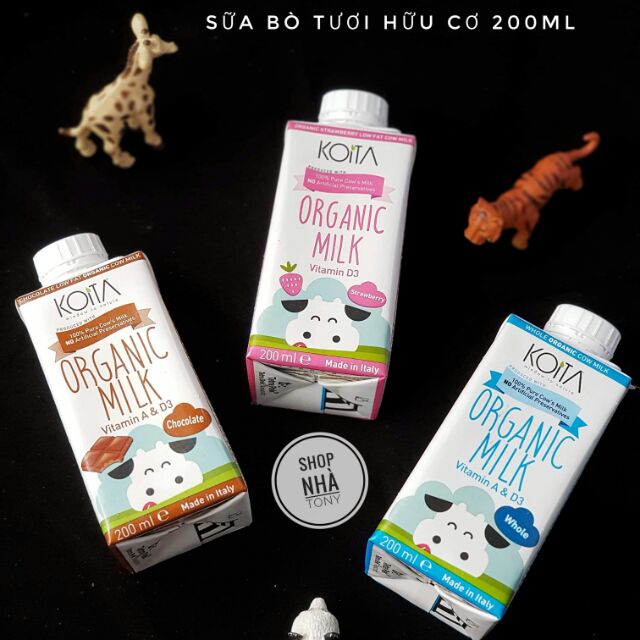 Sữa Bò Hữu Cơ 200ml KoiTa (4 vị dâu, socola, nguyên kem, lactose-free)