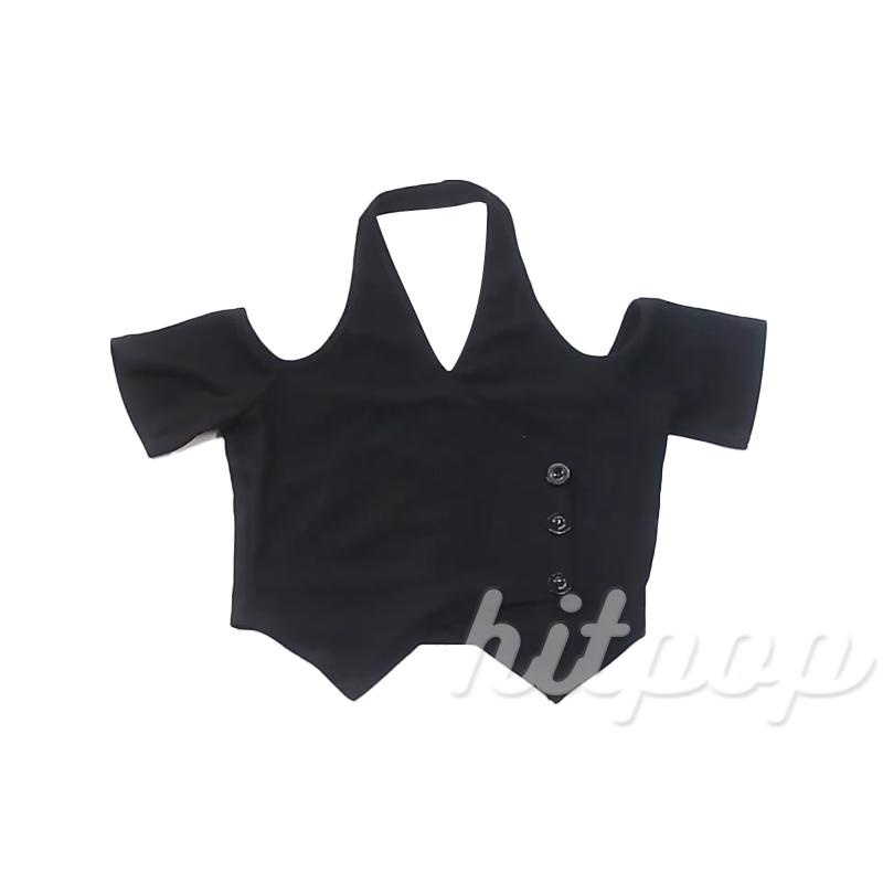 Hitpop-Women Casual Crop Tops, Short Sleeve Solid Color Backless Button Slim-Fit Halter Tops