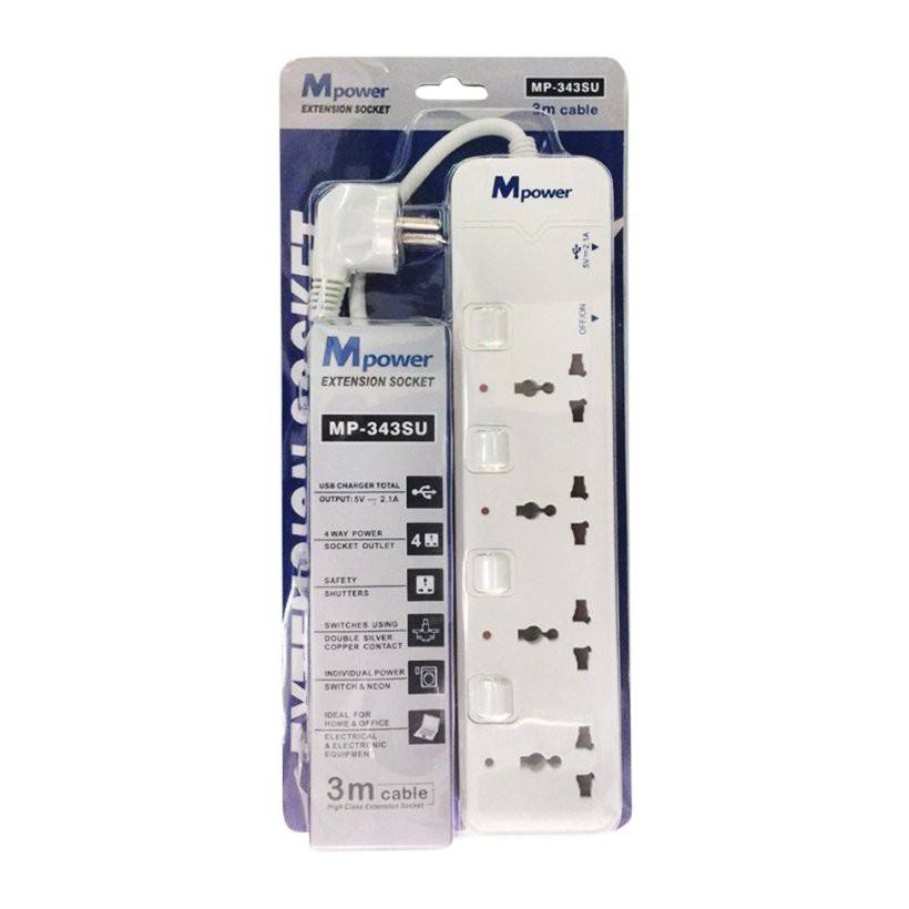 Ổ cắm điện 4 lỗ 3 chân và 2 cổng USB Mpower MP-343SU 2500W