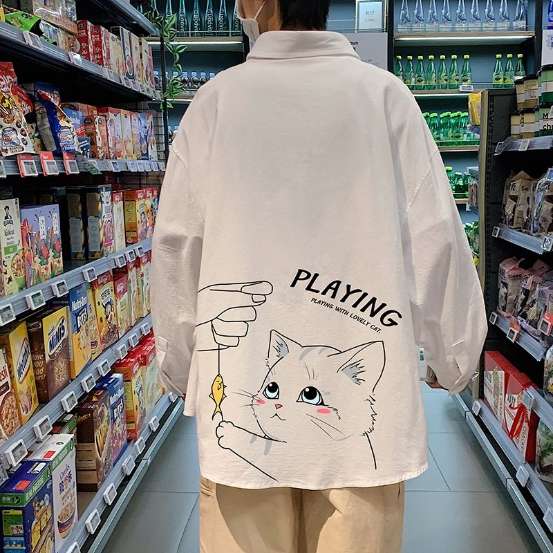 phong cách Nhật Bản áo sơ mi mèo con của đàn ông rộng rãi kích thước lớn thiết kế cảm giác thích hợp