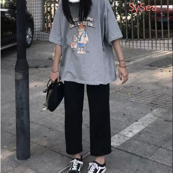 Set áo thun ngắn tay form rộng và quần ống rộng thời trang thích hợp cho nữ