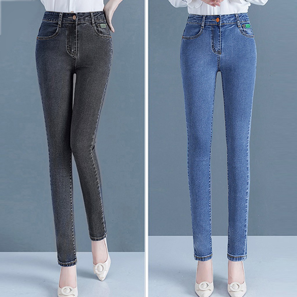 [ có size ] Quần jeans nữ cạp cao trên rốn siêu co giãn form dáng ôm -Quần bò trơn 2 màu cho nữ