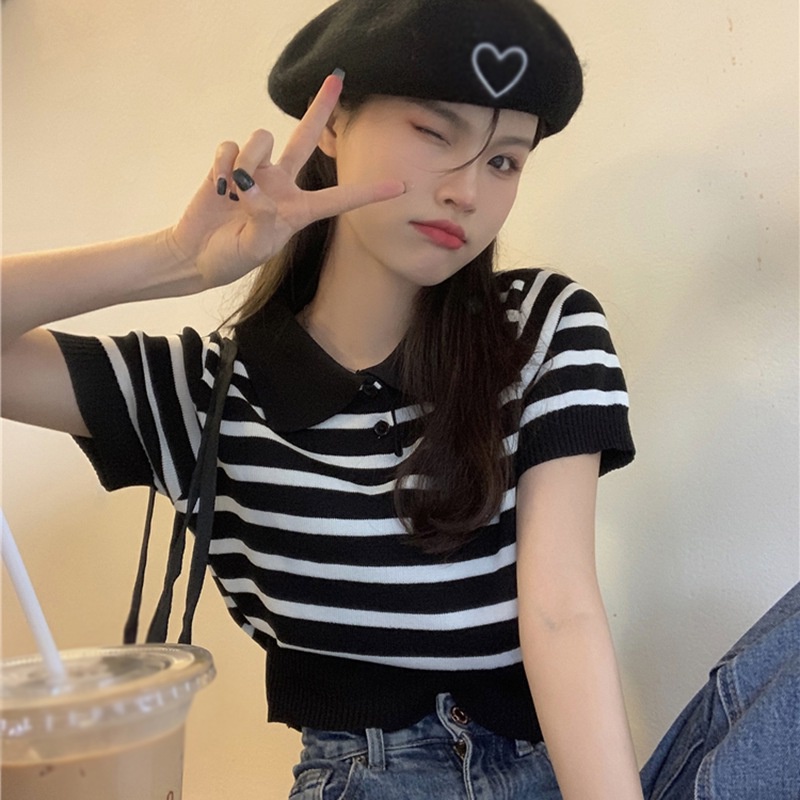 Áo Sơ Mi Tay Ngắn Họa Tiết Sọc Thời Trang Cho Nữ