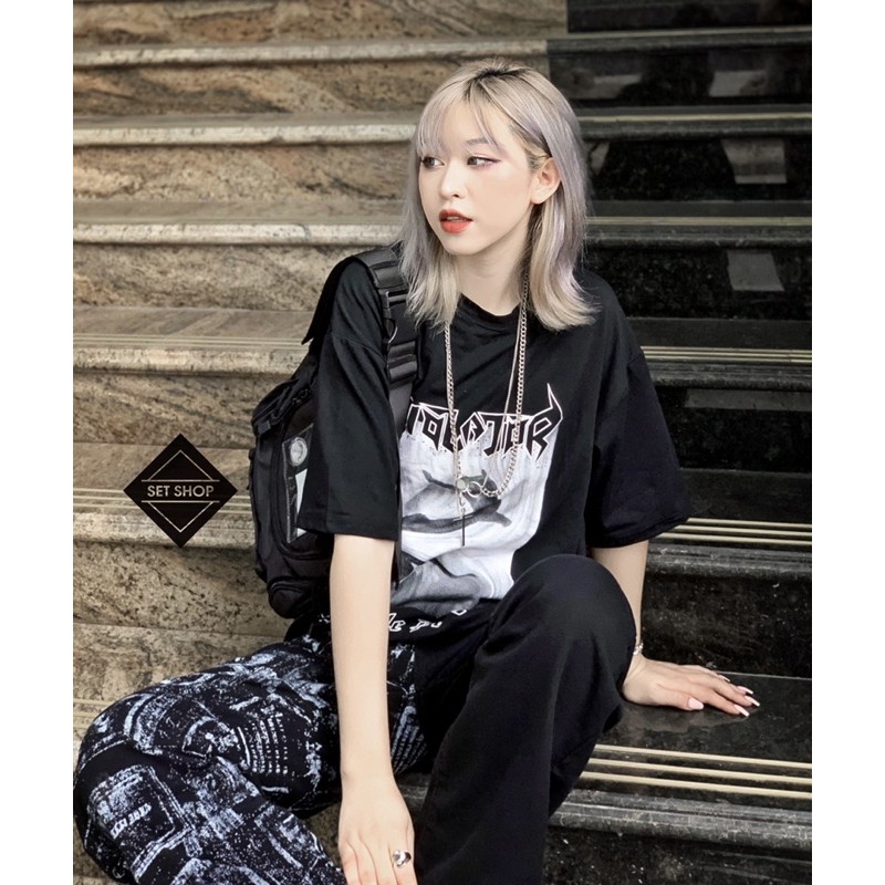 Quần culottes jean nửa đen nửa hoạ tiết