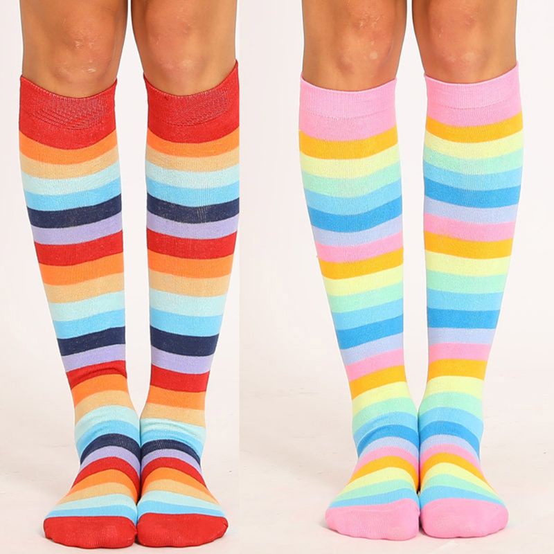 Tất Cotton Cổ Cao Kẻ Sọc Nhiều Màu Hóa Trang Cho Nam Nữ