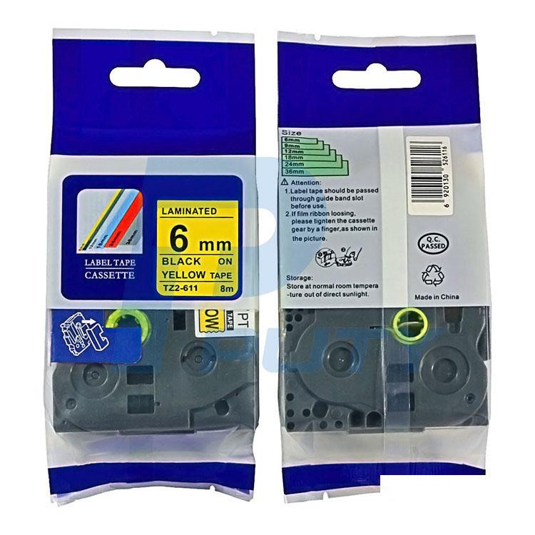 Nhãn in TZ2-611, Khổ rộng 6mm, chữ đen nền vàng , nhãn in đa lớp, bám dính cao