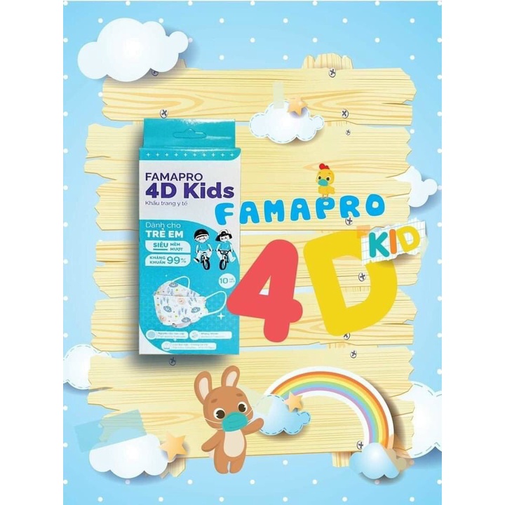 Hộp 10c Khẩu trang trẻ em 4D Kids Famapro chính hãng Nam Anh, kháng khuẩn, nhiều họa tiết