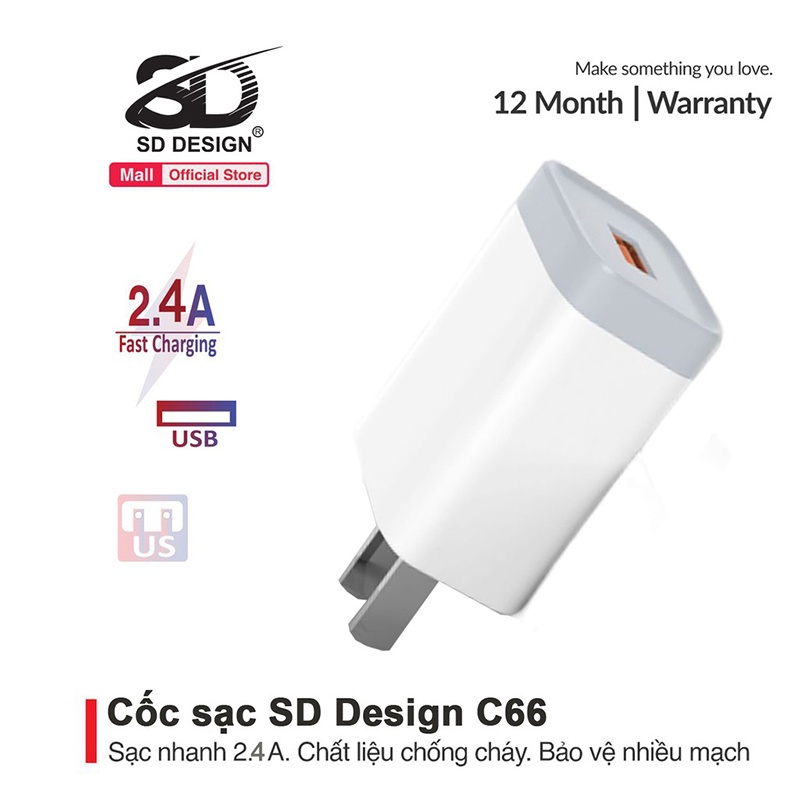 Củ sạc SD DESIGN C66 chính hãng hỗ trợ sạc nhanh an toàn cho thiết bị - Mango_Ovil
