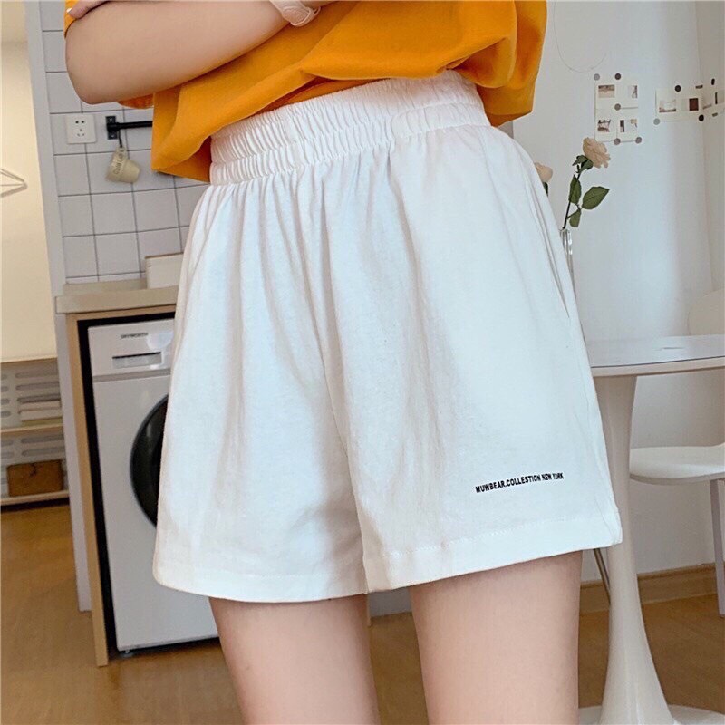 Quần đùi nữ in chữ nhỏ cạp chun đẹp - Short thun ngắn mặc ở nhà thoải mái màu trắng, đen cá tính ulzzang