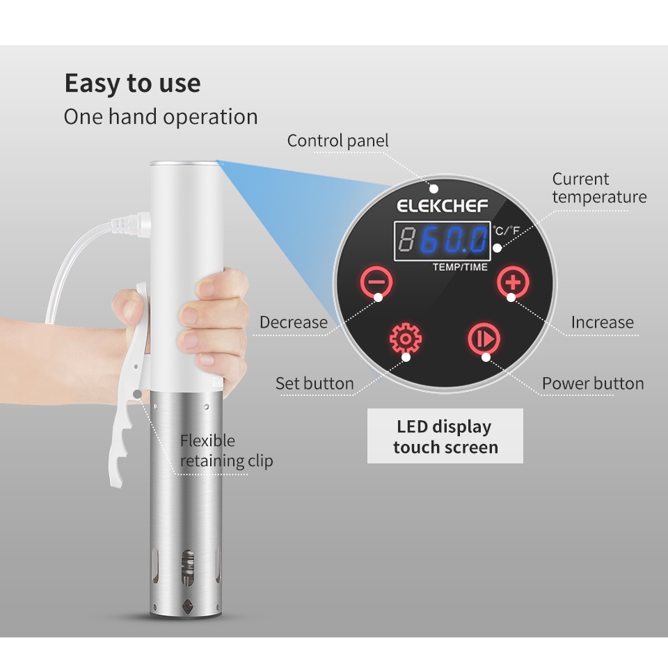 Máy nấu chậm ELEKCHEF sous vide ESV-8080 IPX7 công nghệ chống thấm với màn hình LED và ổ cắm chuẩn châu Âu
