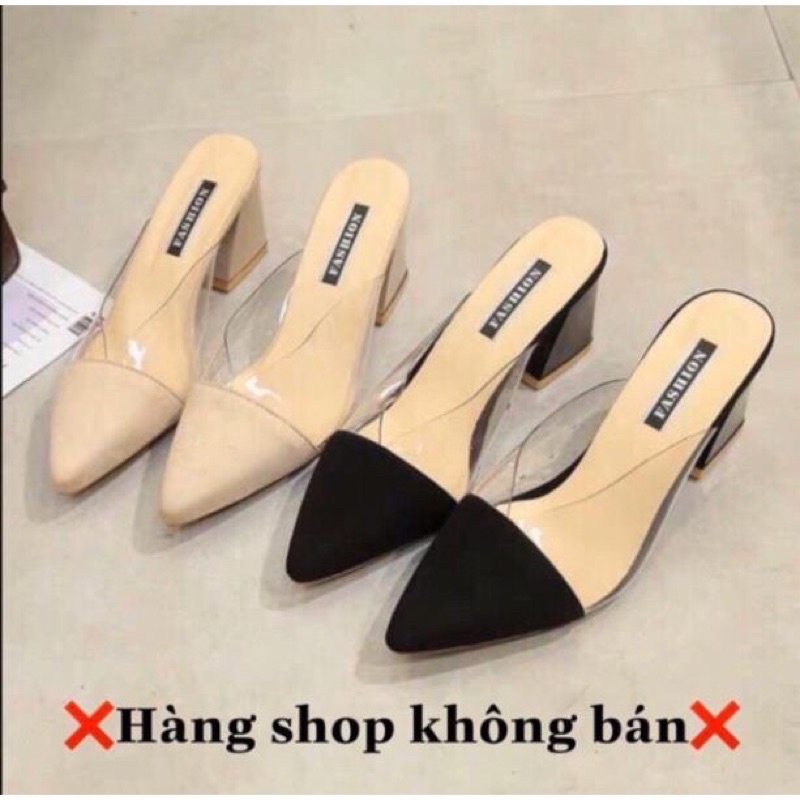 Sục giày cao gót vuông quai trong pha mũi nhọn 6 phân màu be đen y hìnhi