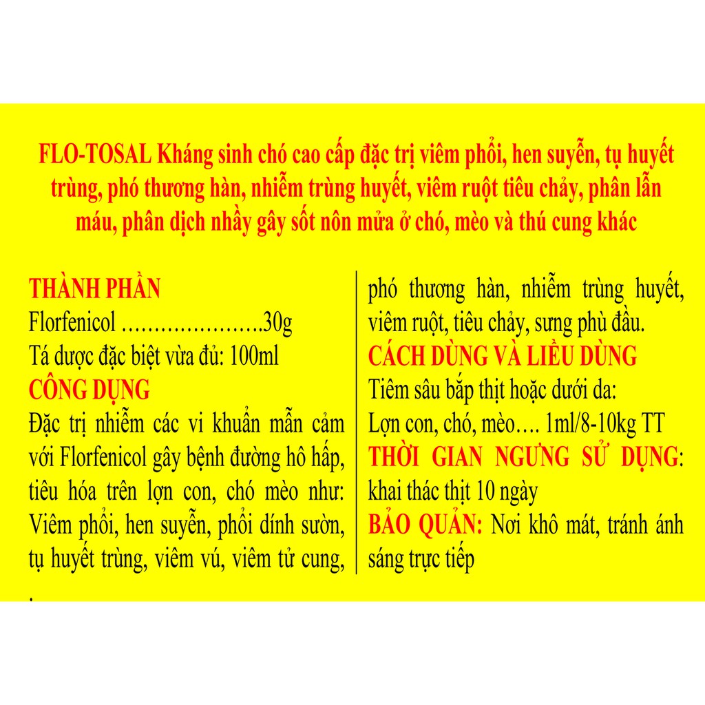 1 lọ FLO-TOSAL 5ml  Kháng sinh chó mèo cao cấp dùng cho viêm phổi, viêm ruột tiêu chảy, phân lẫn máu