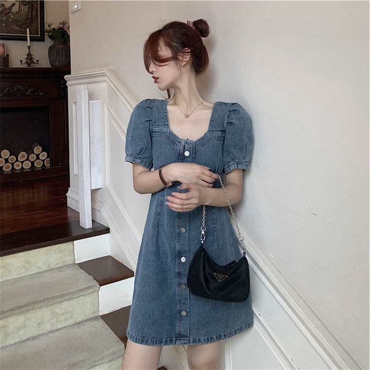 Đầm Denim Tay Phồng Dáng Chữ A Thời Trang Mùa Hè Pháp Thanh Lịch