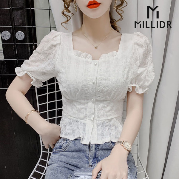 Áo Sơ Mi Trắng Tay Ngắn Cổ Vuông Chất Liệu Chiffon Thiết Kế Mới Thời Trang Mùa Hè Cho Nữ