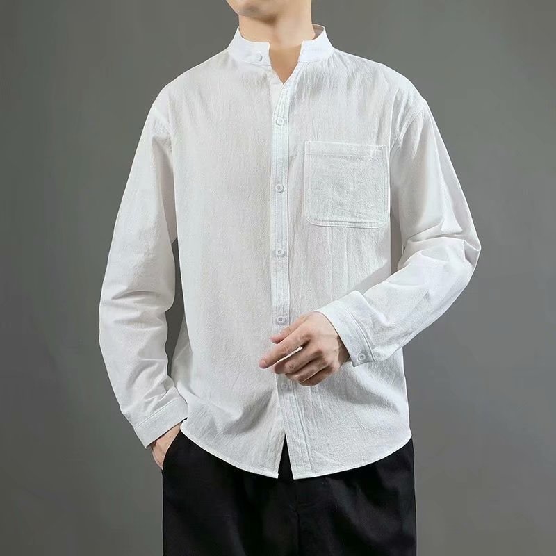 Áo Sơ Mi Tay Dài Cổ Đứng Bằng Vải Lanh Cotton Màu Trơn Phong Cách Harajuku Nhật Bản Đơn Giản