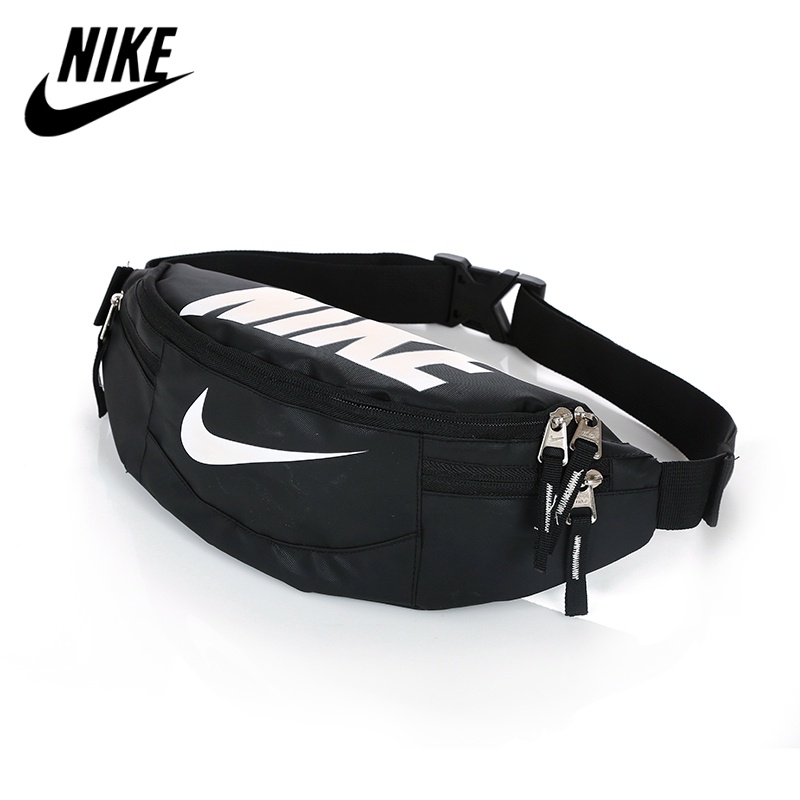NIKE Black blue sling bag thin shoulder strap waist bag, large letter waist sling, two-way zipper men's bag, women's bag, school
