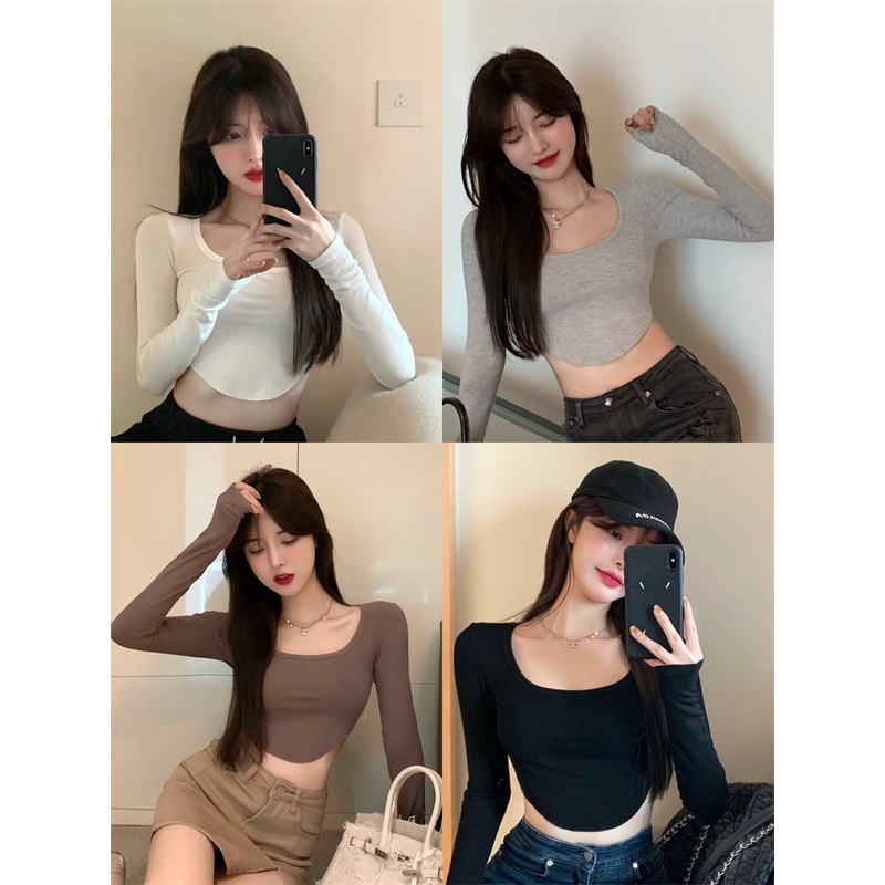 Cocory vn Áo croptop tay dài màu trơn dáng ôm thời trang quyến rũ thích hợp cho nữ