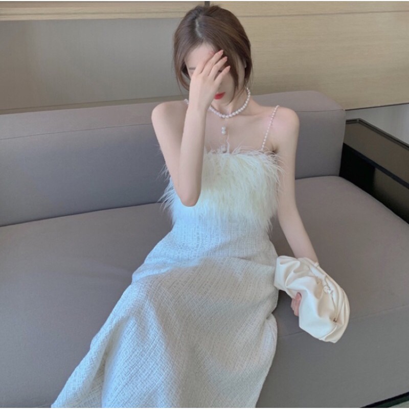 [SẴN Video shop quay] Váy hai dây lông sang chảnh chất dày dặn form đẹp kết hợp dây ngọc xinh | BigBuy360 - bigbuy360.vn