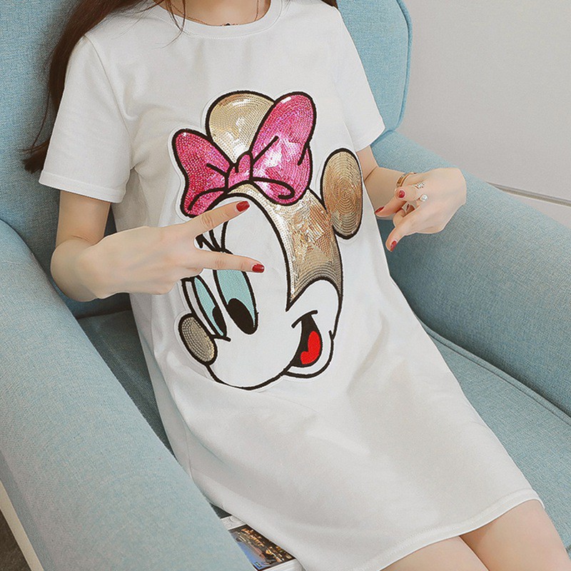 Đầm thun ngắn tay đính kim tuyến hình hoạt hình dễ thương cho nữ