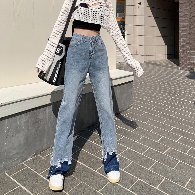 Quần jeans ZHELIHANGFEI dáng dài xẻ rách gấu thời trang phong cách cá tính cho nữ