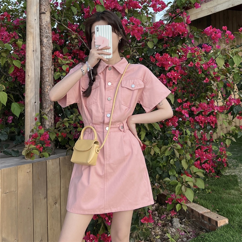 Đầm denim Tay Ngắn Cổ Sơ Mi Phong Cách Hàn Quốc Thời Trang Cho Nữ