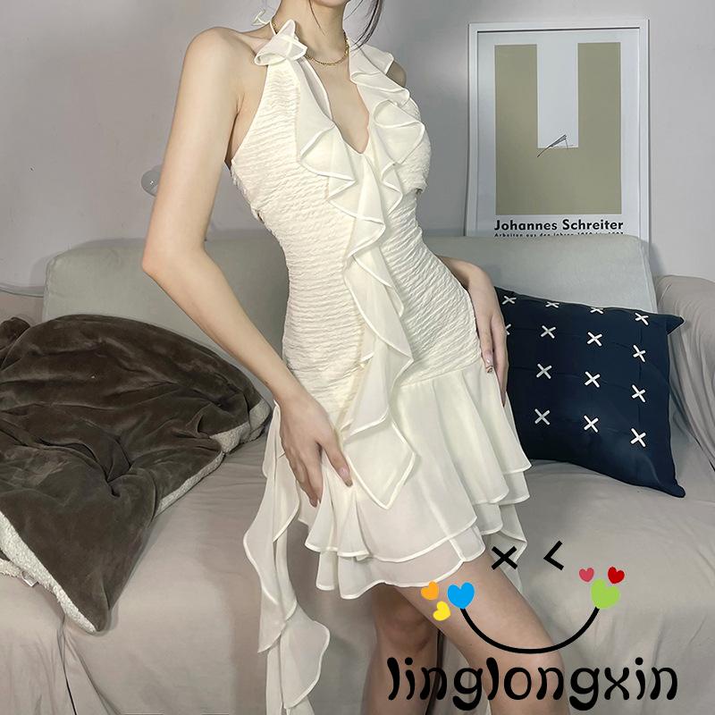 Đầm Không Tay Hở Lưng Màu Trơn Có Dây Buộc Dành Cho Nữ Linglongxi2