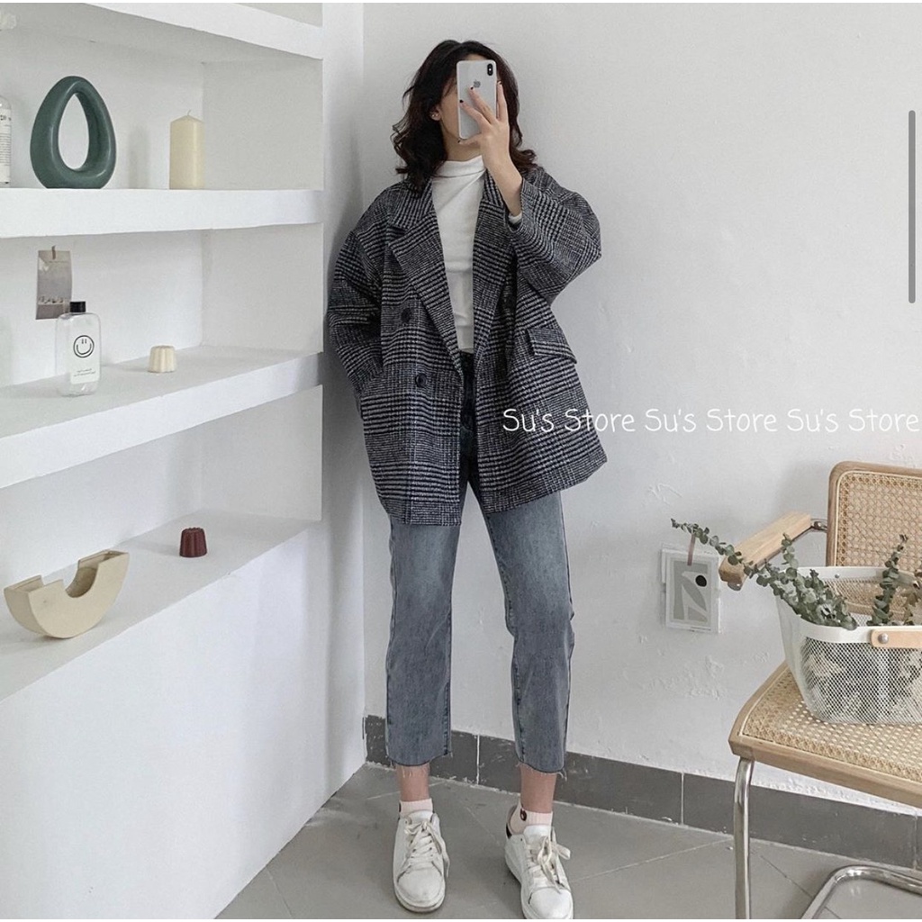 Áo khoác dạ kẻ nữ, áo khoác dạ blazer hàng quảng châu