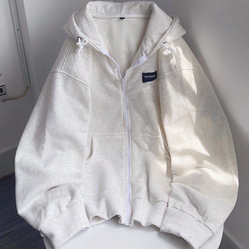 [sẵn] Áo Khoác Nỉ Zip Kéo TAG MAY CHỮ THENOAH ( xám + trắng nhạt )
