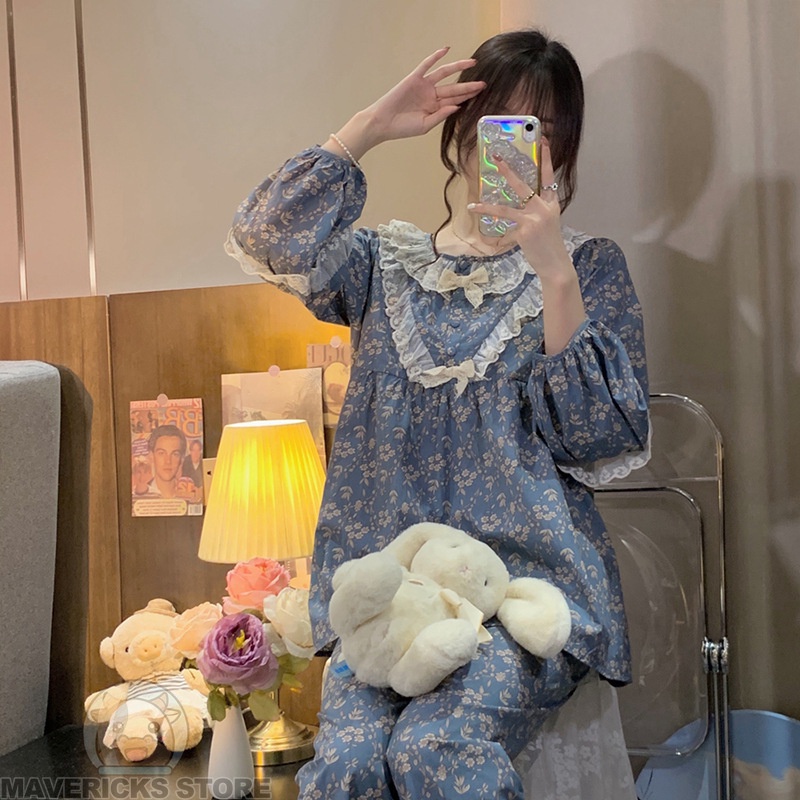 Bộ Đồ Ngủ Dài Tay Phối Ren Hoa Thời Trang Mùa Xuân