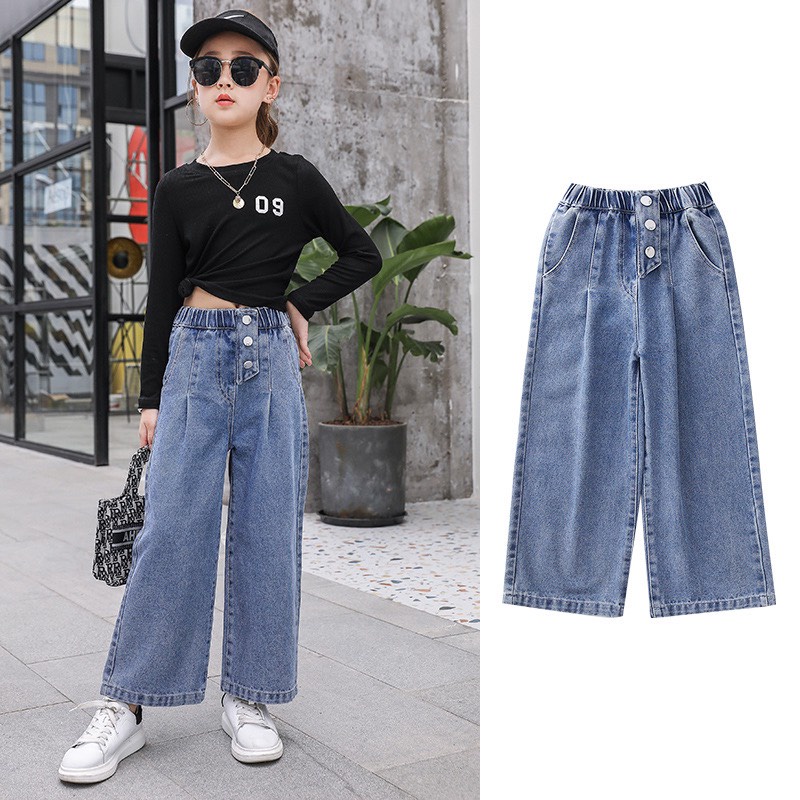 (4-12 tuổi) Quần bò jean ống suông ống rộng bé gái cạp cao có size đại chất mềm Hàn Quốc cực đẹp