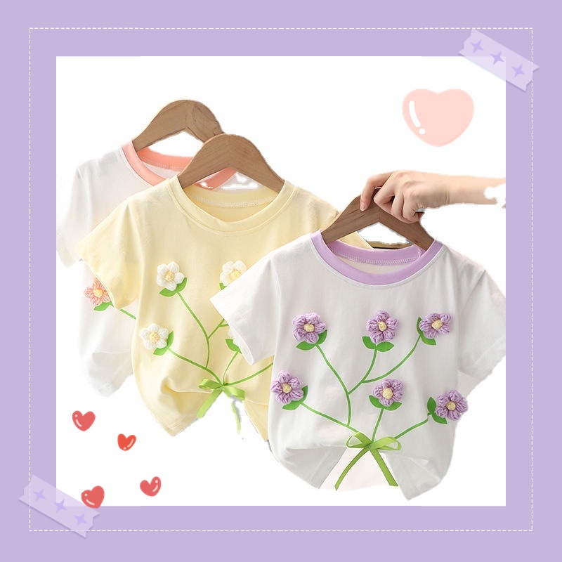 Áo Thun Tay Ngắn Chất Liệu Cotton In Họa Tiết Hoa 3D Thời Trang 2022 Cho Bé Gái